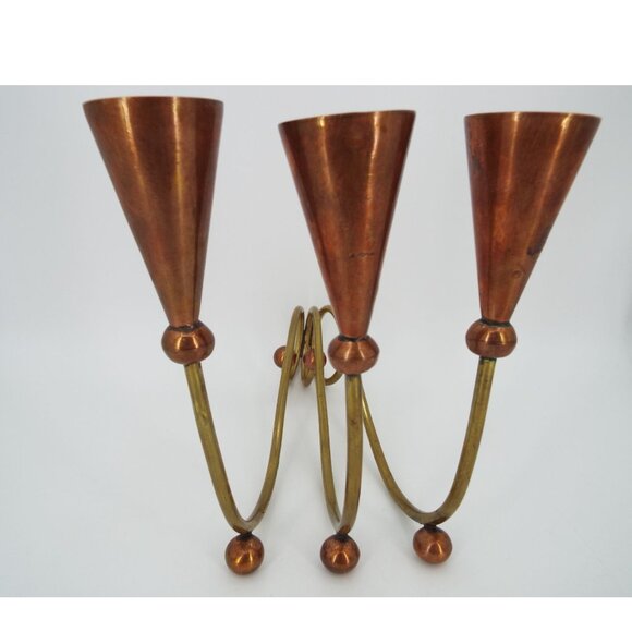Pair of Vintage MCM 3-Arm Brass and Copper Modernist Candelabras - Picture 11 of 16
